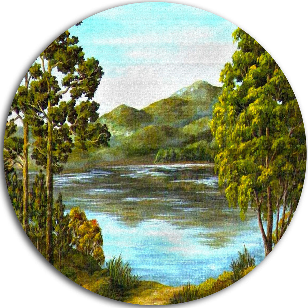 Mountain Lake With Blue Water, Landscape Disc Metal Wall Art, 23"