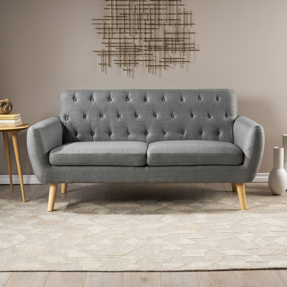 GDF Studio Eunice Petite Mid Century Modern Tufted Fabric Sofa, Dark Gray