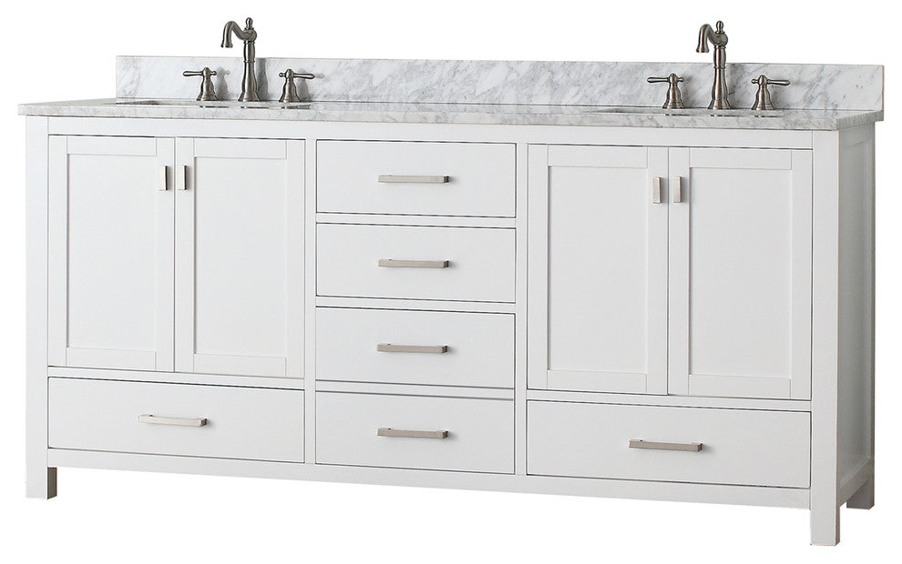Avanity Modero 72" Double Vanity, White Finish, Carrera White Marble Top