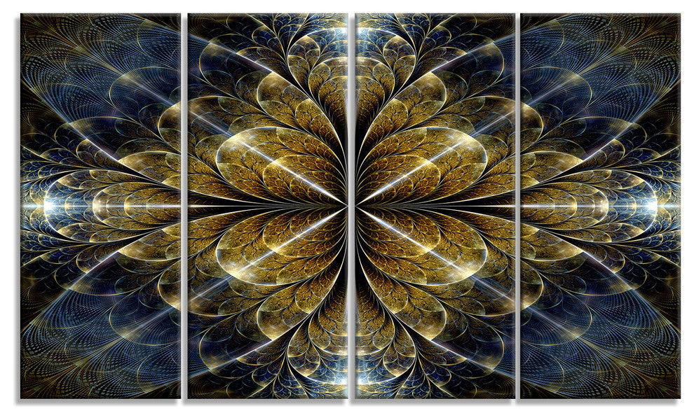 Digital Gold Fractal Flower Pattern, Abstract Wall Art Canvas, 48"x28", 4 Panels