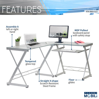 L-Shaped Tempered Glass Top Computer Desk -Clear