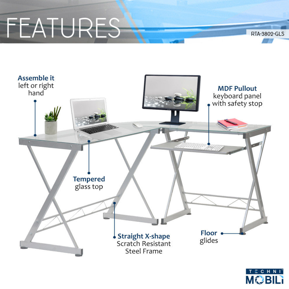 L-Shaped Tempered Glass Top Computer Desk -Clear