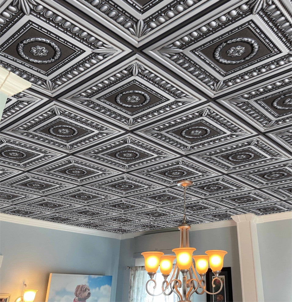 Antique Silver 3D Ceiling Panels, 2'x2', 40 Sq Ft, Pack of 10
