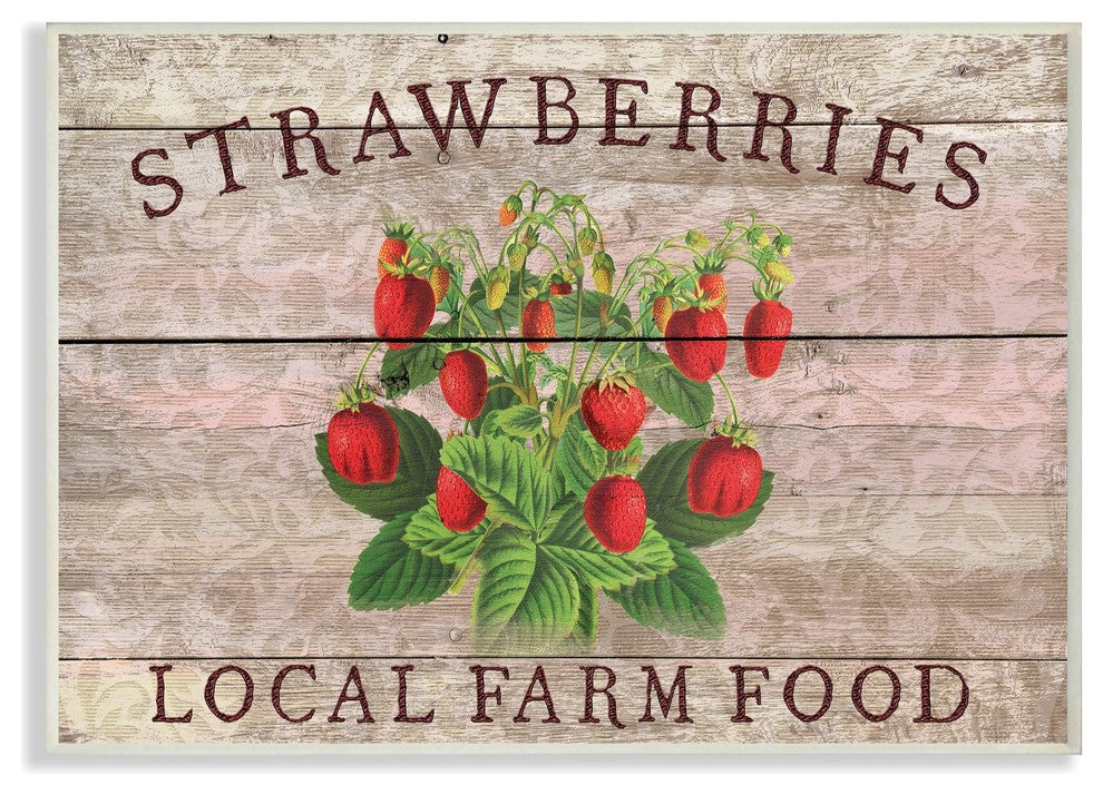 Strawberries Illustration Local Farm Planked Look Wall Plaque Art, 10"x15"
