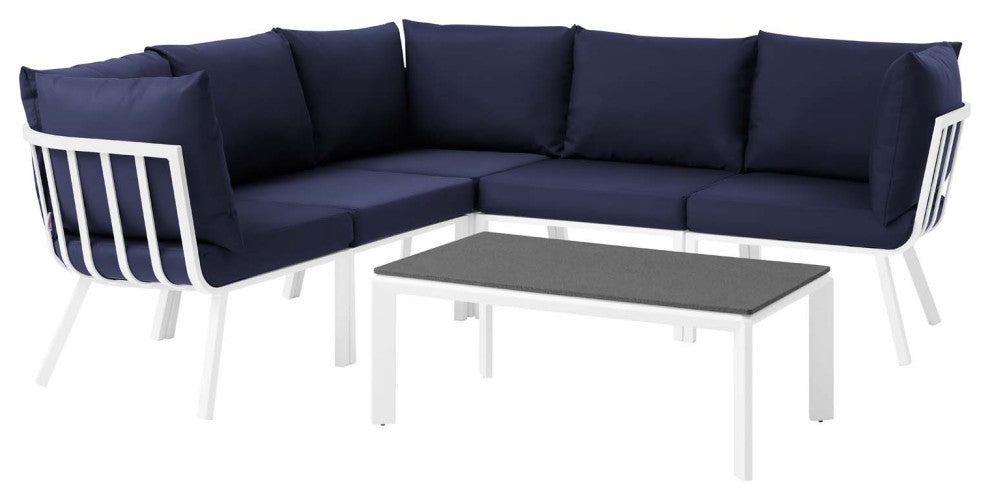Lounge Sectional Sofa Chair Set, Aluminum, Metal, White Blue Navy, Outdoor