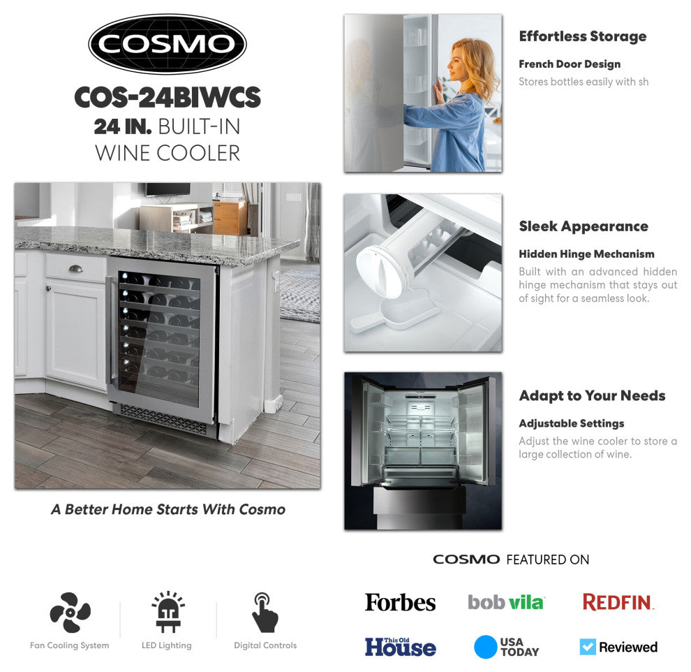 Cosmo 48 bottle, Single Zone, Freestanding Wine Cooler Refrigerator Compressor