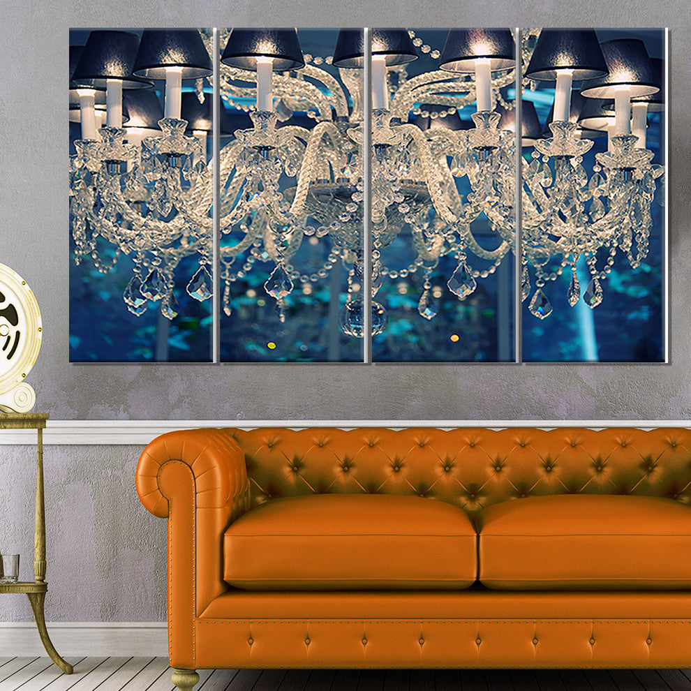 Blue Vintage Crystal Chandelier, Flower Artwork on Canvas, 48"x28", 4 Panels