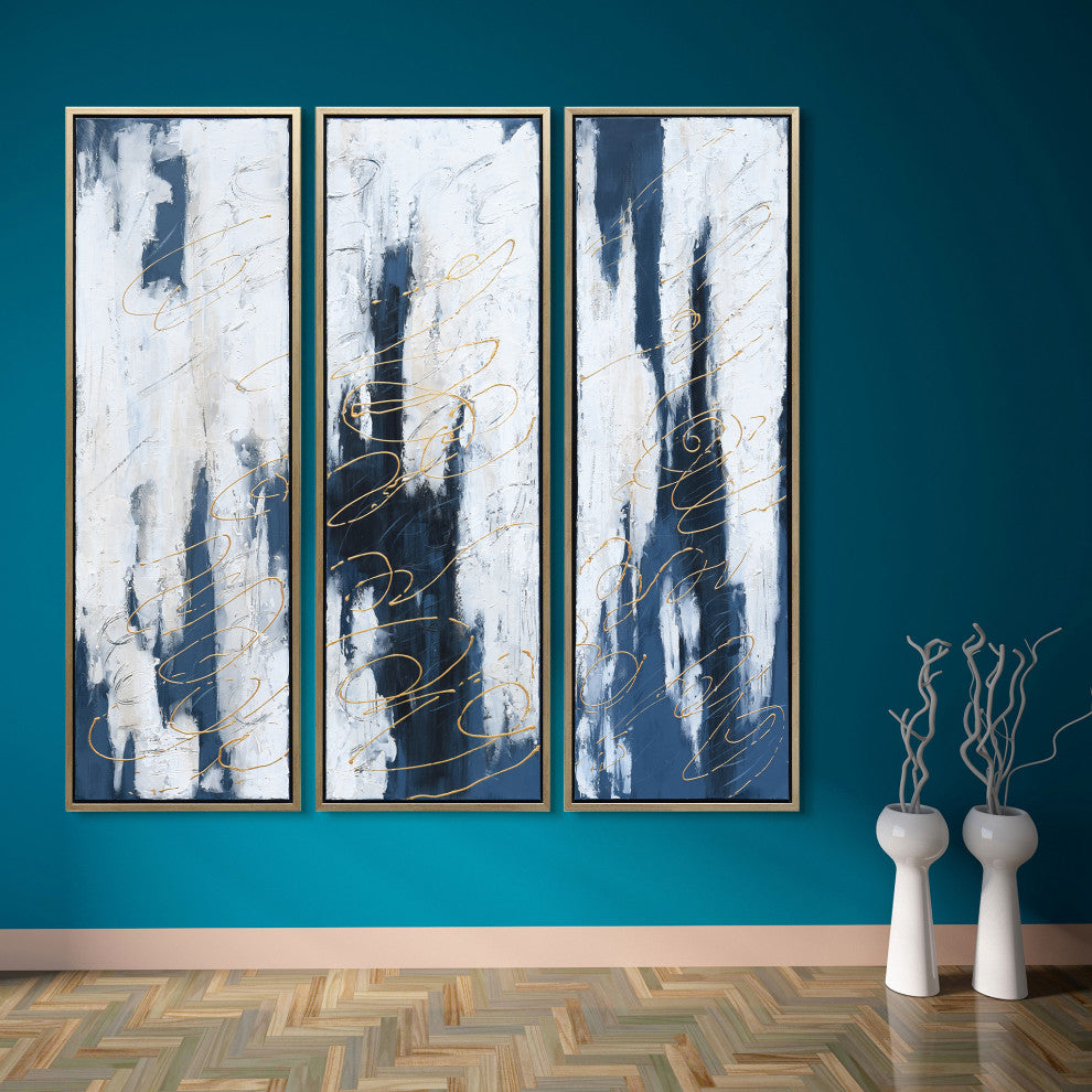 Blue Abstract Triptych Set Textured Metallic Hand Painted Wall Art