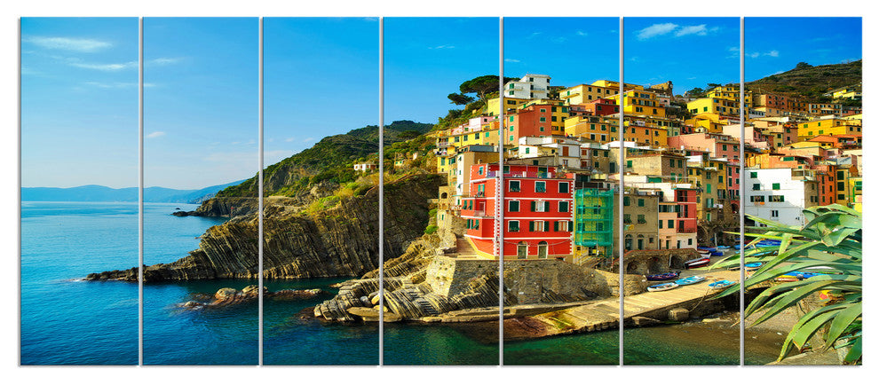 Riomaggiore Village Rocky Beach, Seascape Canvas Art Print, 83"x32", 7 Panels
