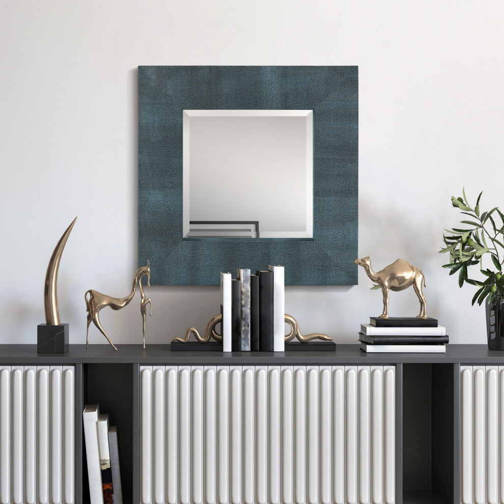 Beveled Wall Mirror, Black on Blue Metallic Shagreen Leather Framed Mirror