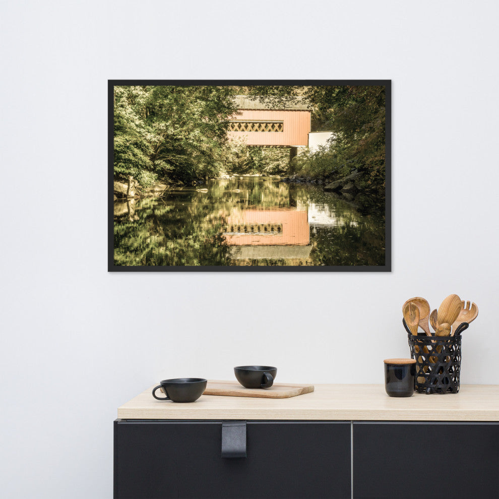 The Reflections of Wooddale Covered Bridge Aged Framed Photo Wall Art Print, Black, 24" X 36"