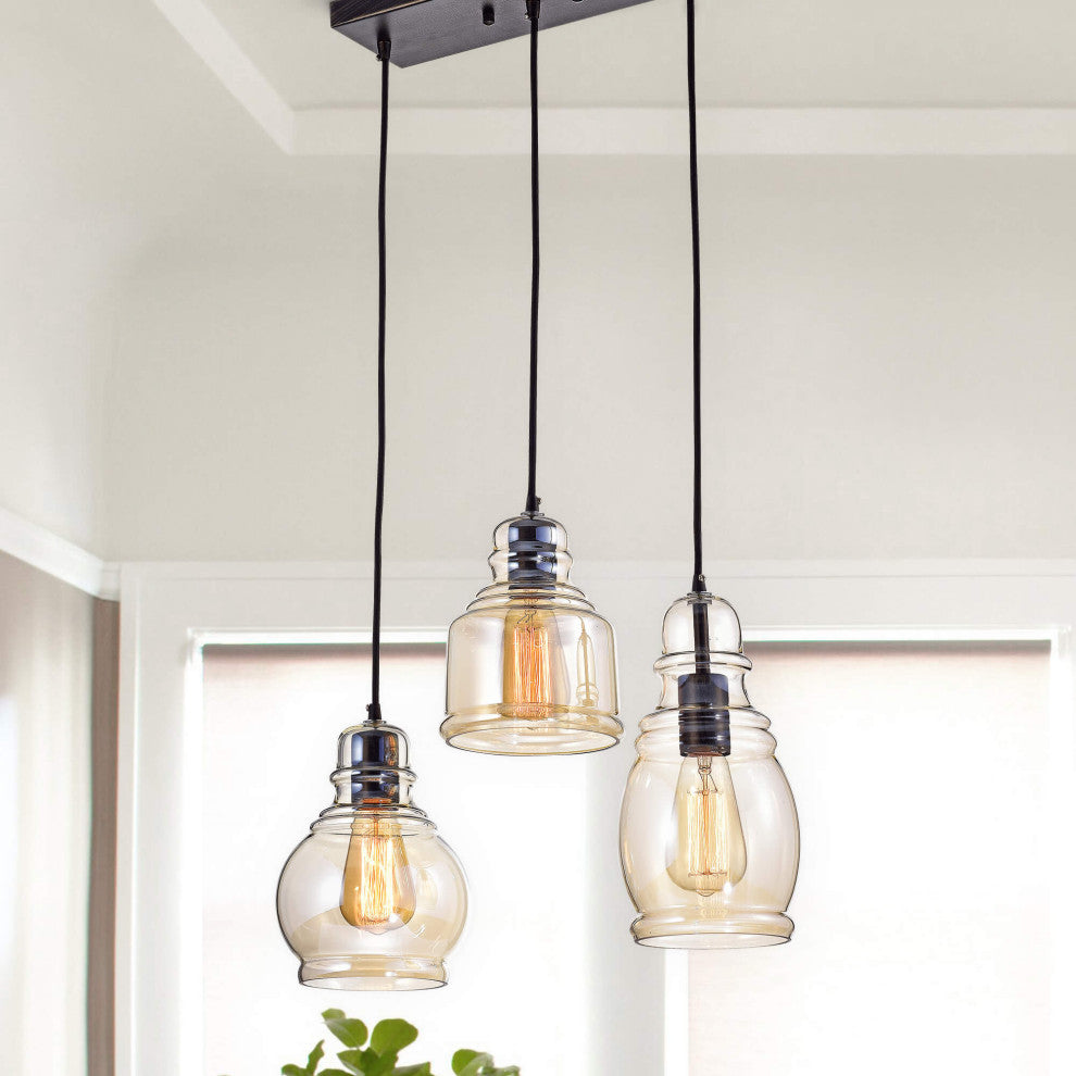 Lynn 3-Light Cognac Glass Cluster Pendant, Antique Black