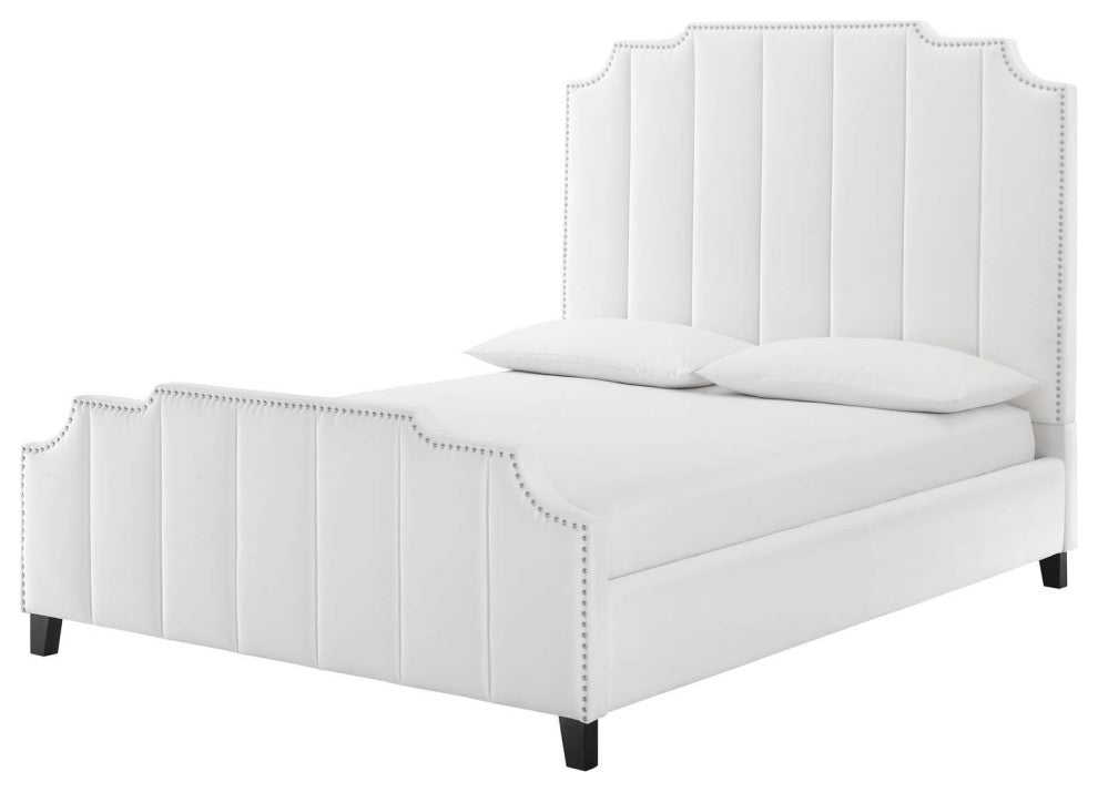 Platform Bed Frame, Queen Size, Velvet, White, Modern Contemporary, Bedroom