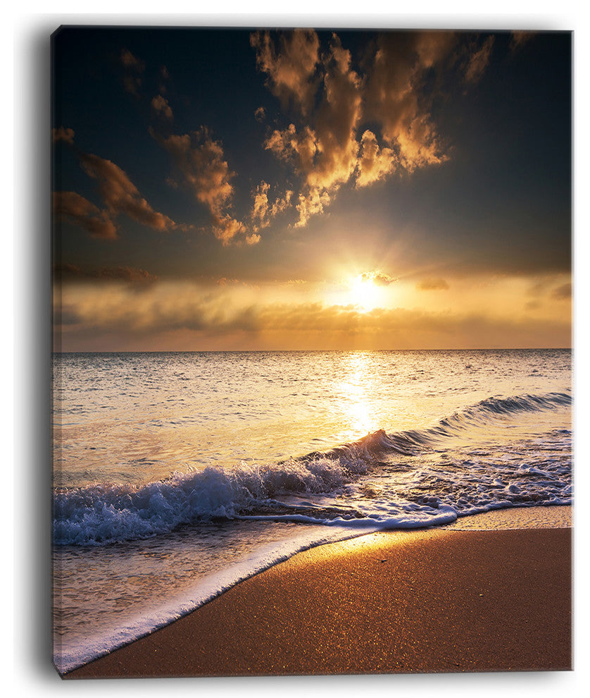 "Sunset Over Foaming Waves" Modern Beach Canvas Art Print, 12"x20"