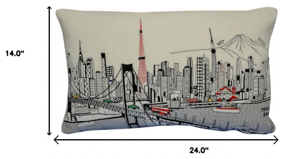25" White Tokyo Daylight Skyline Lumbar Decorative Pillow