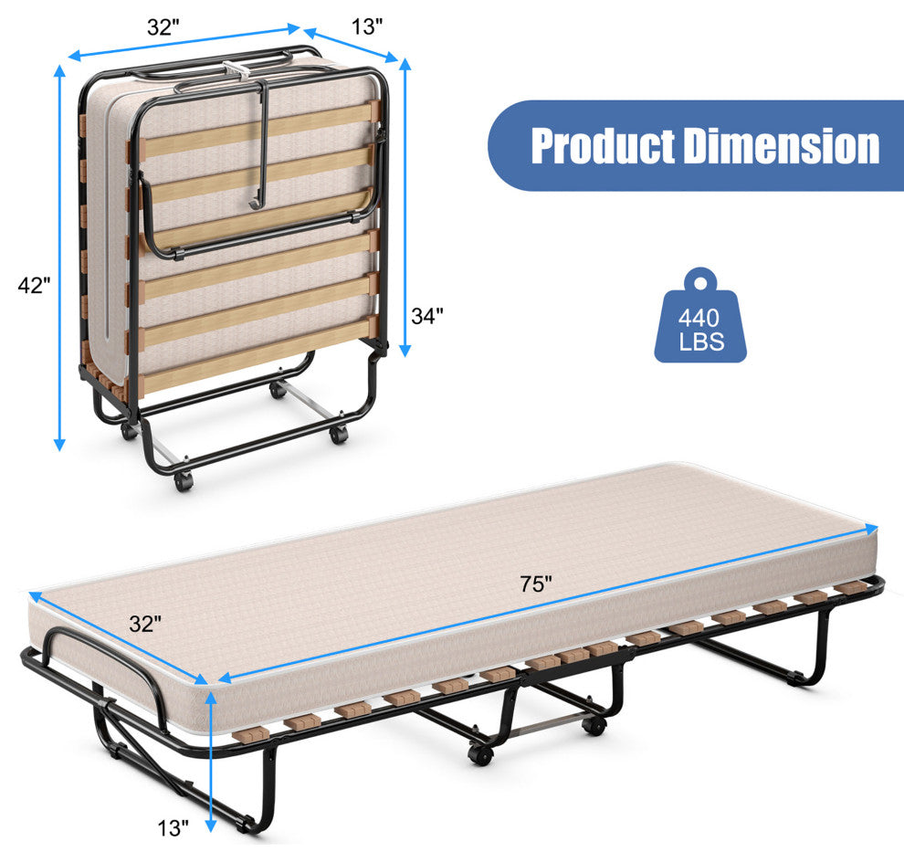 Costway Portable Folding Bed with Mattress Rollaway Cot Made In Italy Beige