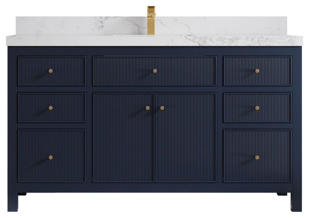 Sonoma 60 Single Sink Reeded Bathroom Vanity in Hale Navy Blue 2" Calacatta Nuvo