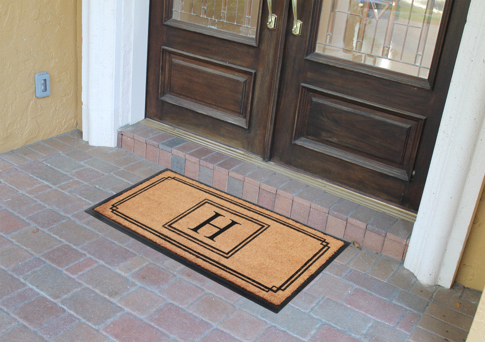 A1HC Rubber and Coir Monogrammed Large Doormat 24"X47.5" Black/Beige, H