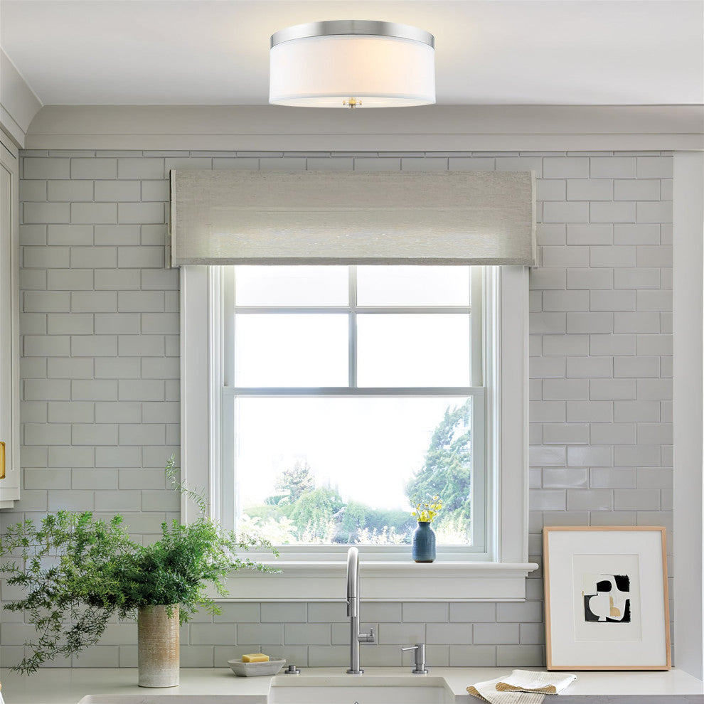Kira Home Walker 20" Flush Mount Ceiling Light, White Fabric Shade, Round Glass