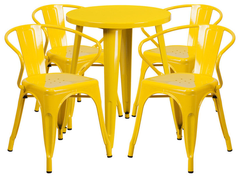 24'' Round Yellow Metal Indoor-Outdoor Table Set With 4 Arm Chairs