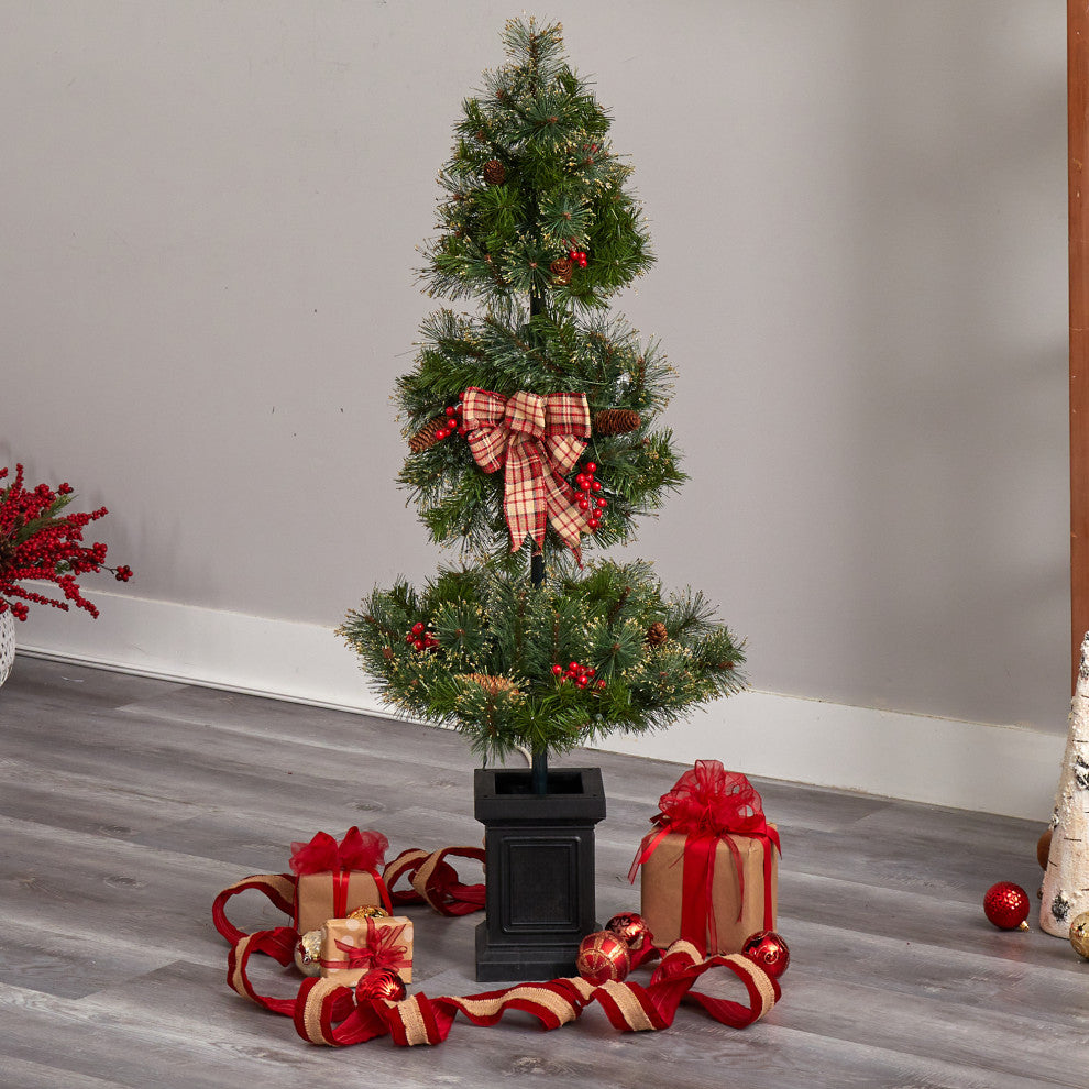 4' Xmas Faux Topiary Tree W/Ribbon, Berries, Lights & Bendable Branches, Planter