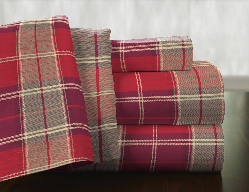 Pointehaven 175 GSM Cotton Flannel Sheet Set, Piedmont Plaid, King
