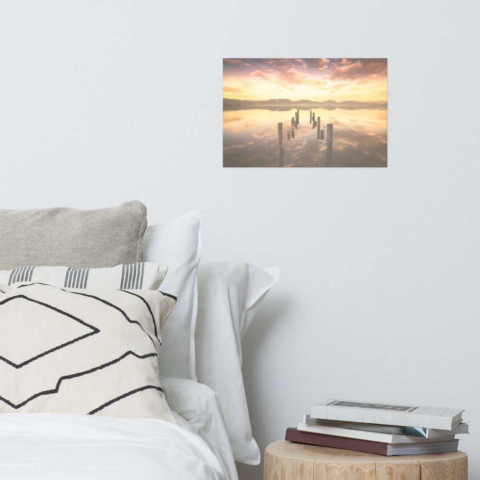 Sunset Pillars and Reflections on Lake Landscape Photo Loose Wall Art Prints, 12" X 18"