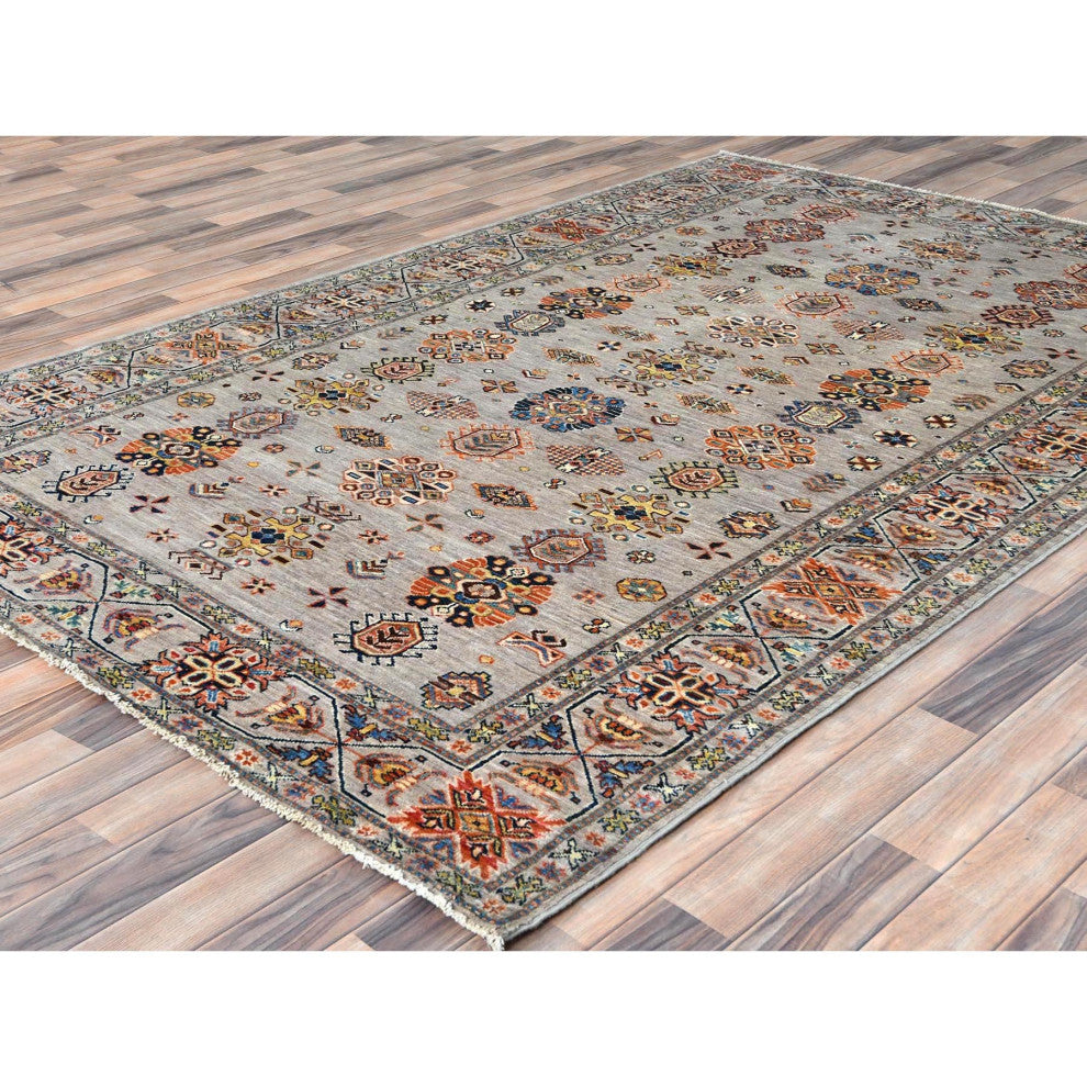 Light Gray Hand Knotted Afghan Super Kazak Organic Wool Oriental Rug, 6'1"x9'1"