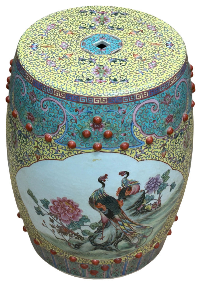Vintage Famille Rose Yellow Base Peacocks Peony Porcelain Round Stool Hws4350