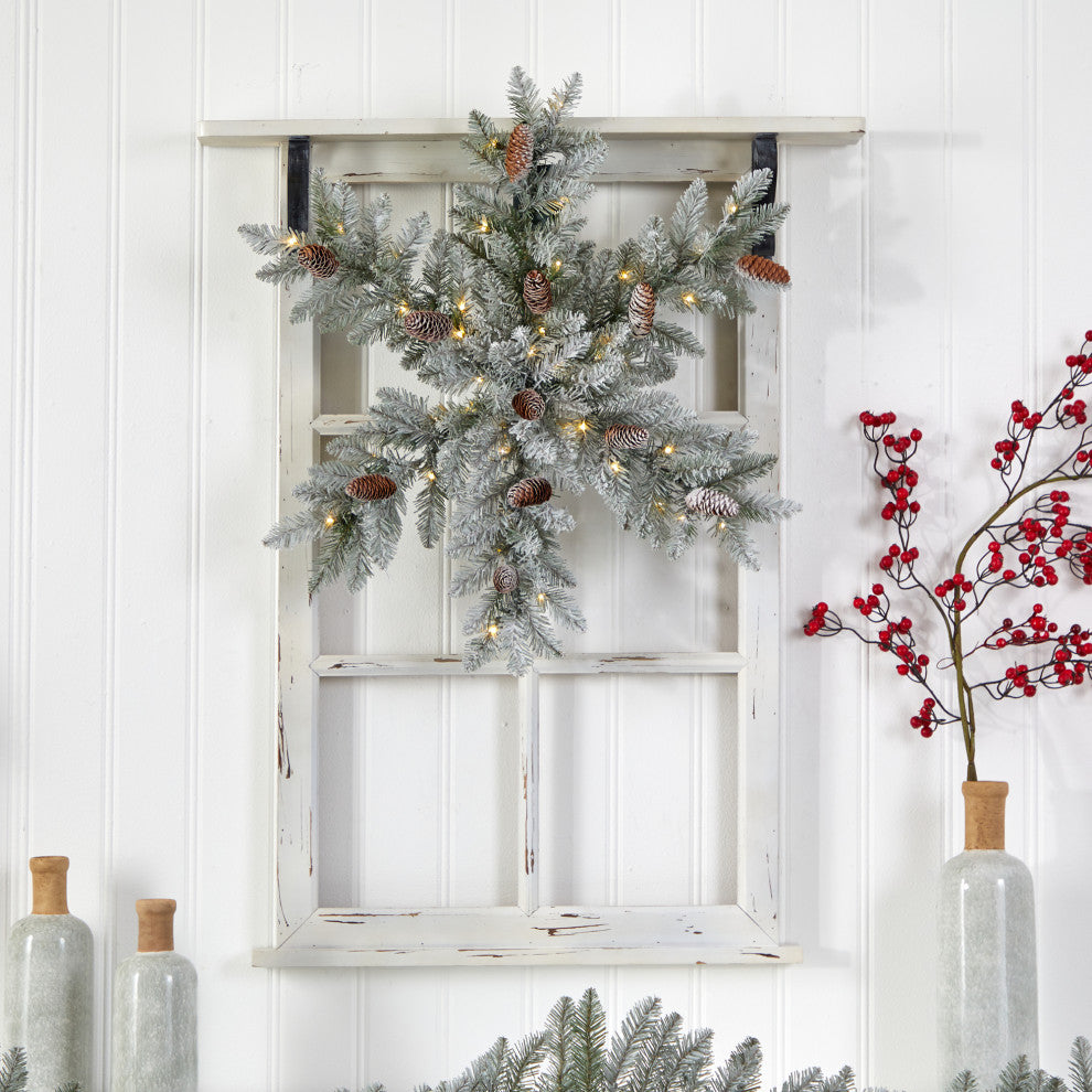 30" Pre-Lit Flocked Snowflake Dunhill Fir Wreath With Pinecones & 40 LED Lights