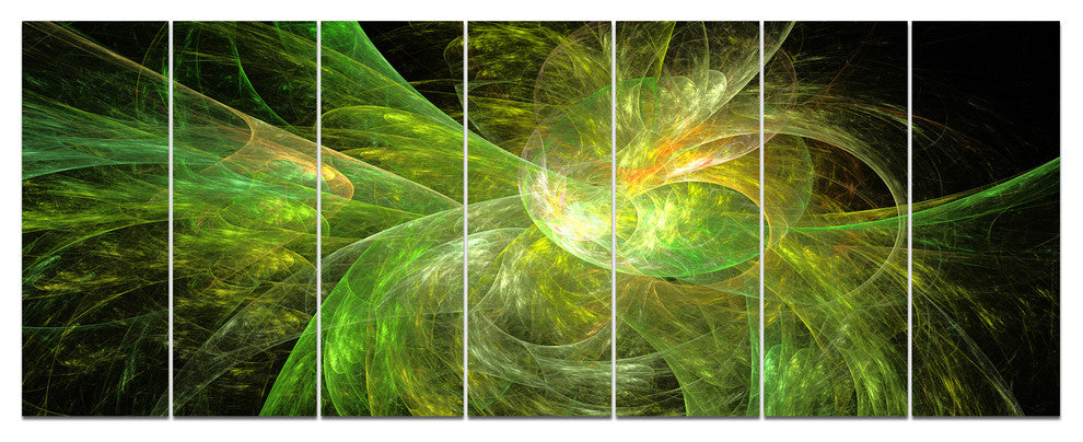 Green on Black Fractal Illustration, Abstract Canvas Print, 83"x32", 7 Panels