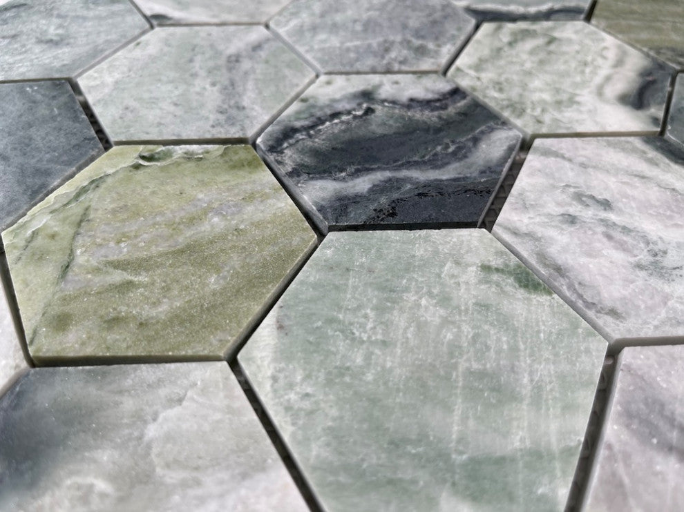 Sagano Vibrant Green Marble 3 inch Hexagon Mosaic Tile Honed, 1 sheet