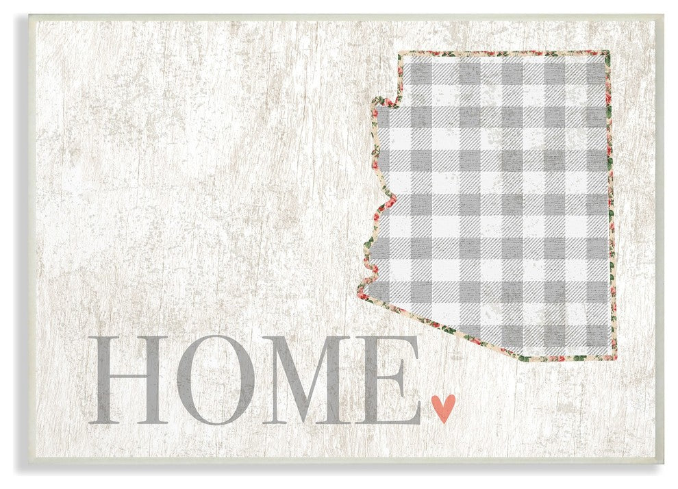 Arizona Gray Gingham & Floral Heart & Home Wall Plaque Art, 10"x15"