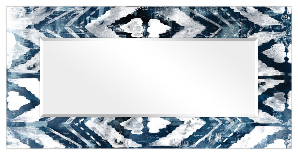 Abstract Rectangular Beveled Mirror on Free Floating Printed Tempered Art Glass