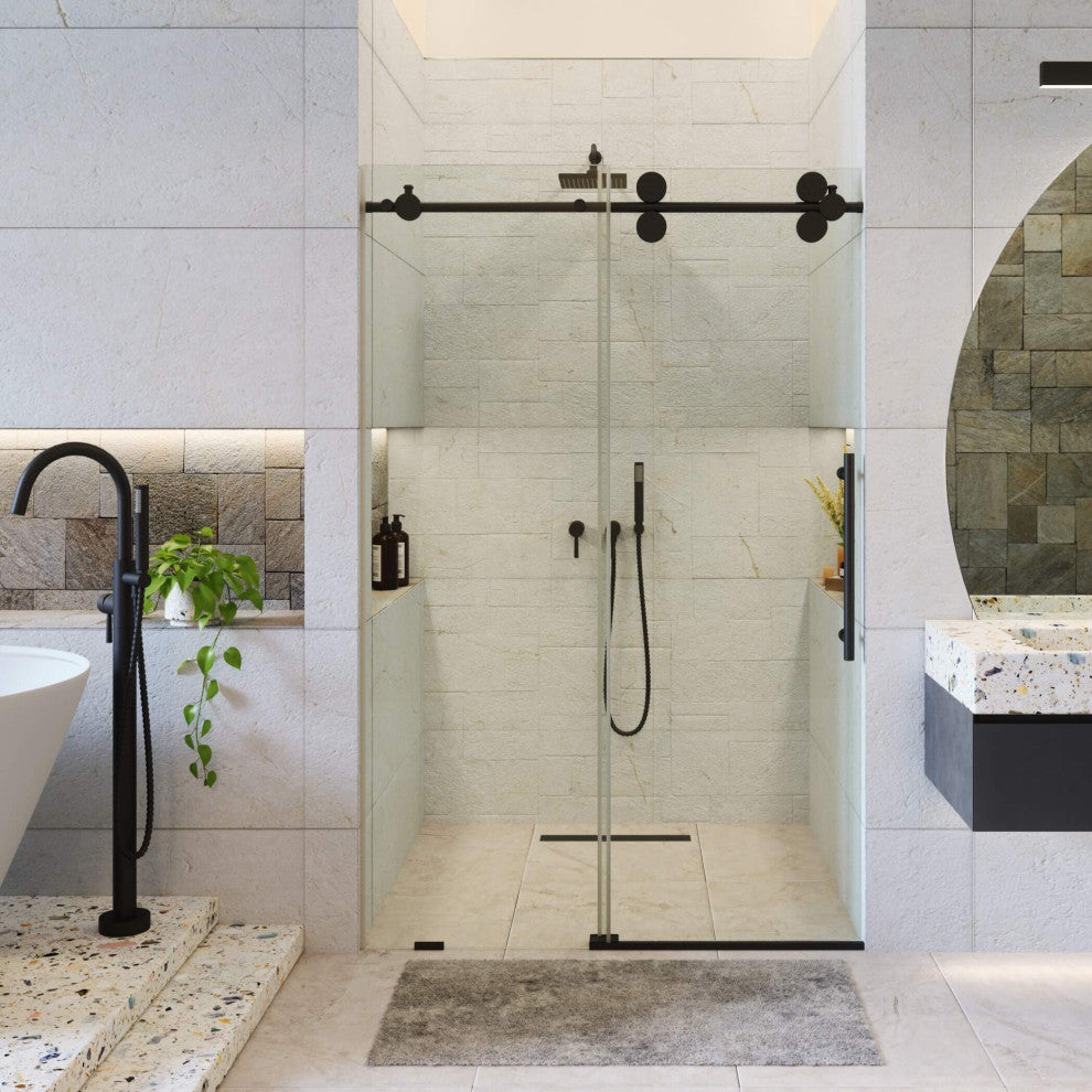 Frameless Clear Sliding Shower Door With Tempered Glass - Shower Bathroom Door, Black, 48" X 75", Single Sliding Door