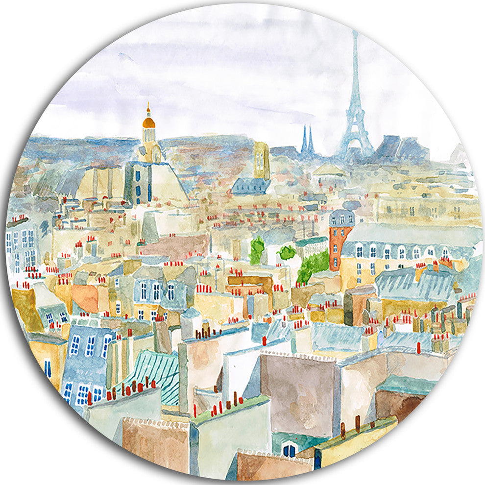 City Of Paris, Watercolor Cityscape Large Disc Metal Wall Art, 11"