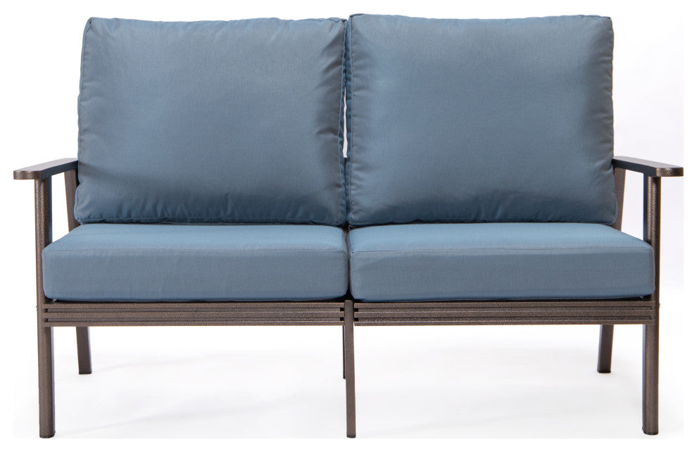 Leisuremod Walbrooke Patio Loveseat With Brown Aluminum Frame, Navy Blue