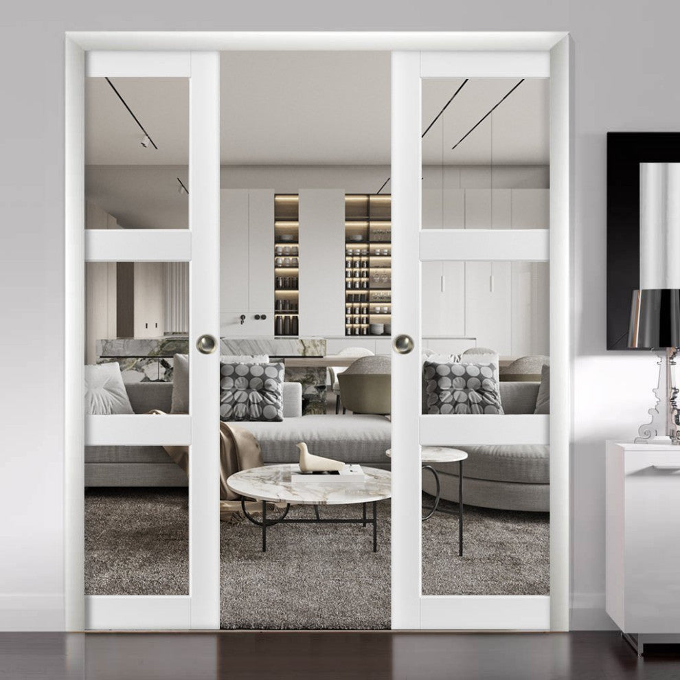 Slab Barn Door Panel Clear Glass 3 Lites 30 x 80, Lucia 2555 Matte White