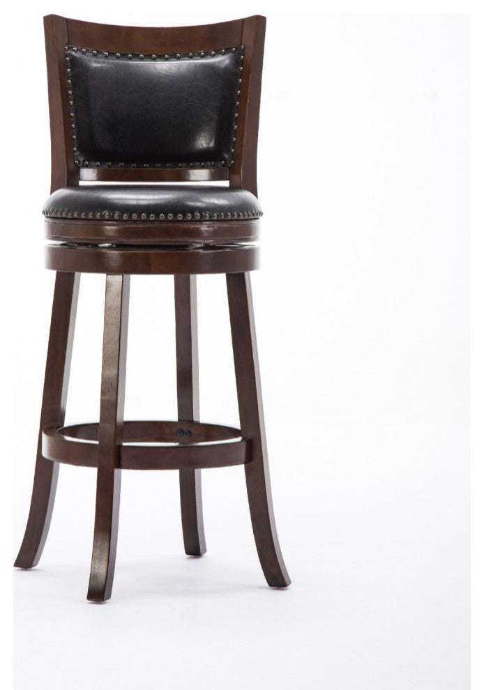 Sabi 24 inch Swivel Counter Stool, Solid Wood, Faux Leather, Brown, Black