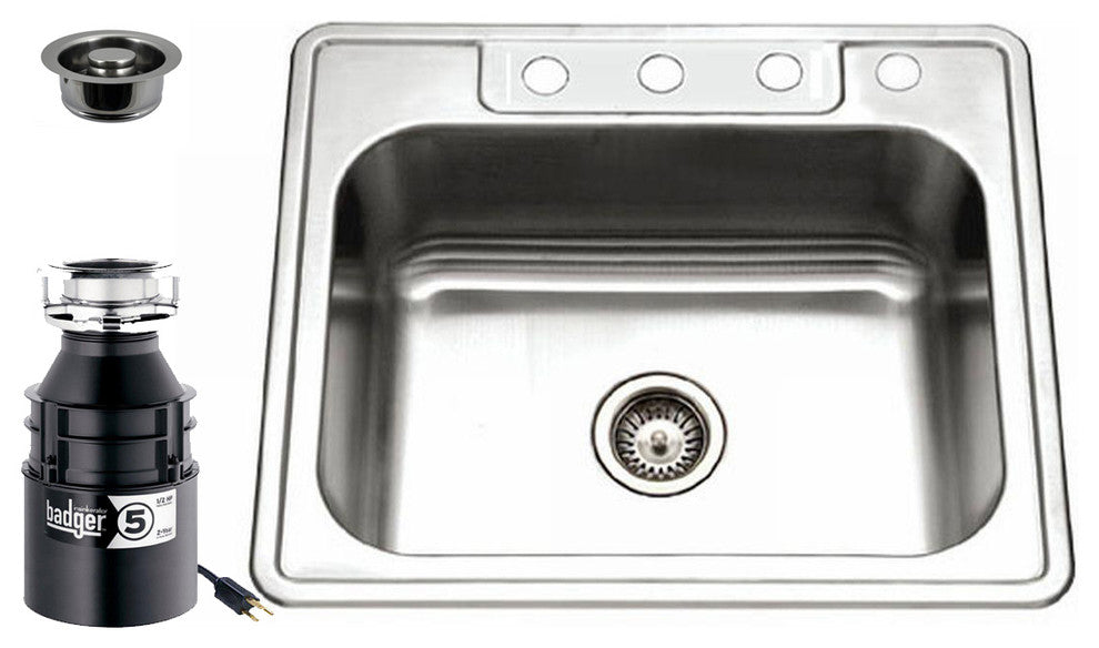 25" Stainless Steel Single Bowl Kitchen Sink Set With BADGER 5 Garbage Disposal