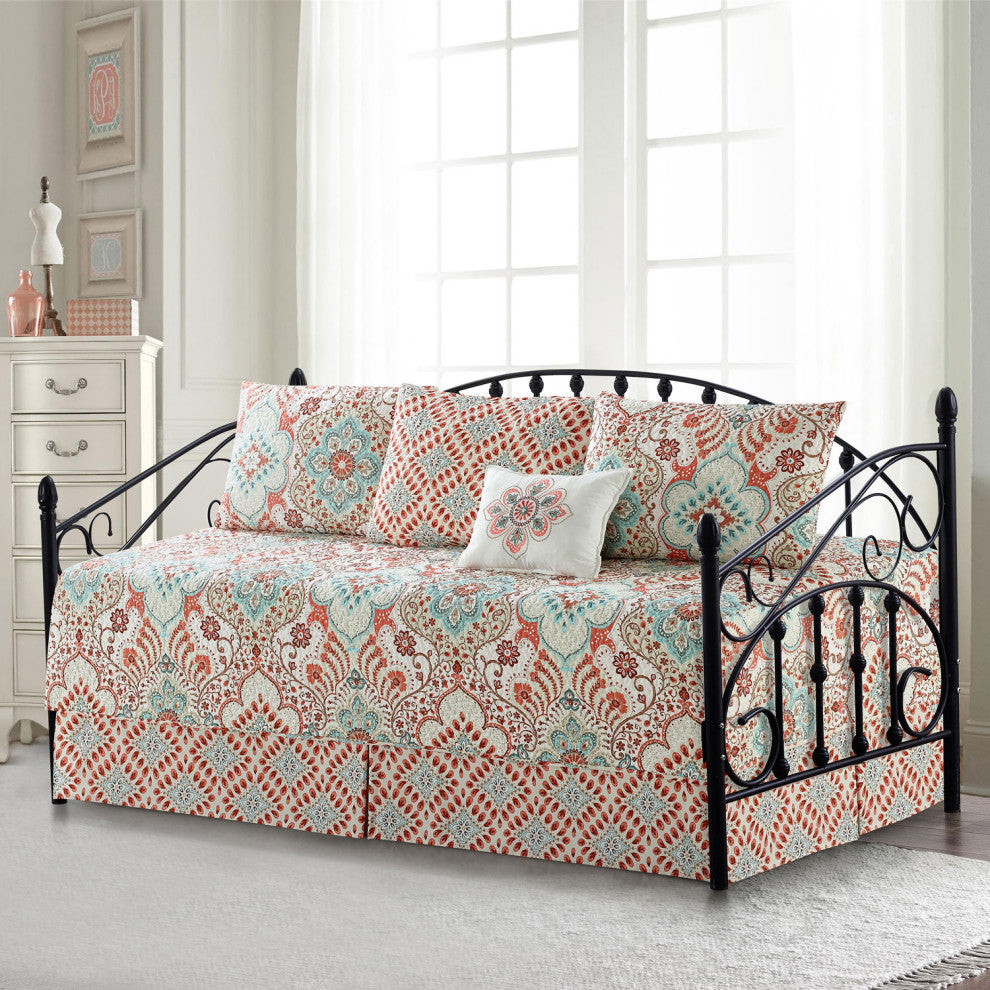Bennington Damask 6 Piece Daybed Set, Coral, 75"x39"