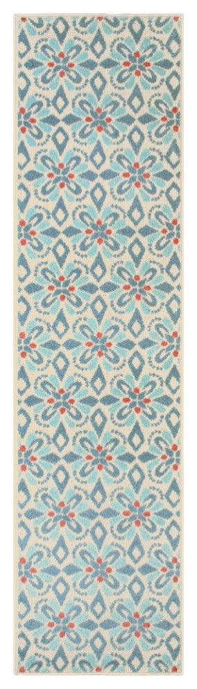 2' X 8' Blue and Ivory Moroccan Indoor Outdoor Area Rug