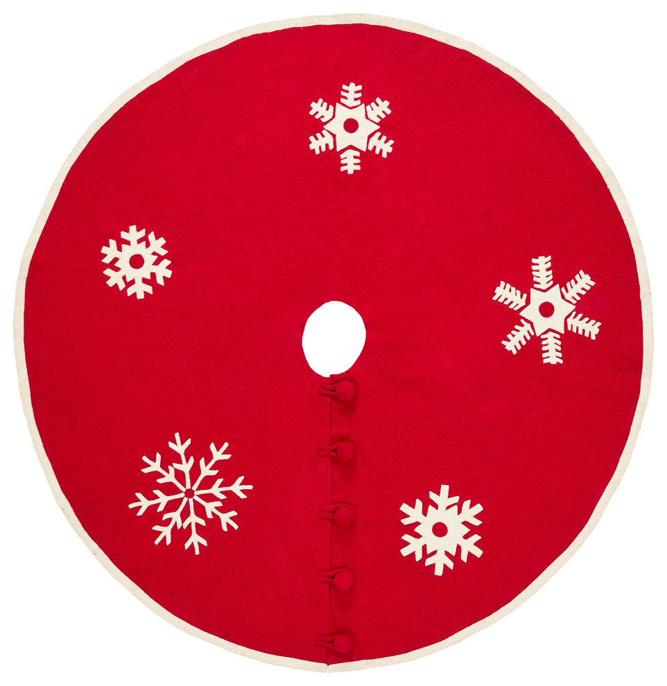 Handmade Christmas Tree Skirt in Felt - Snowflakes on Red -72"