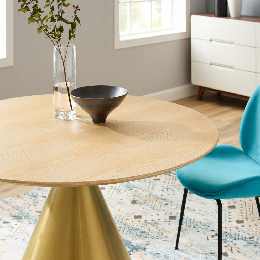 Dining Table, Round, Wood, Metal, Gold Brown Natural, Modern, Bistro Restaurant