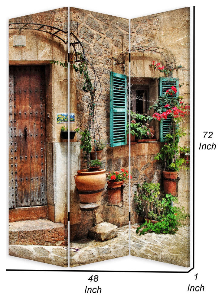 Benzara BM276725 3 Panel Room Divider, Streets, Flowers/Plants Multicolor