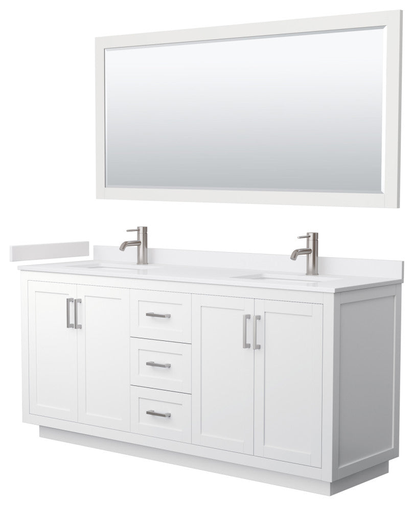 72"DBL Vanity White, White Cult. Marble Top, Sinks, Nickel Trim, 70"Mirror