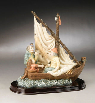 Clements Resin Two Fishermen, a Boat Figurine, Off White/Brown/Blue-Gray