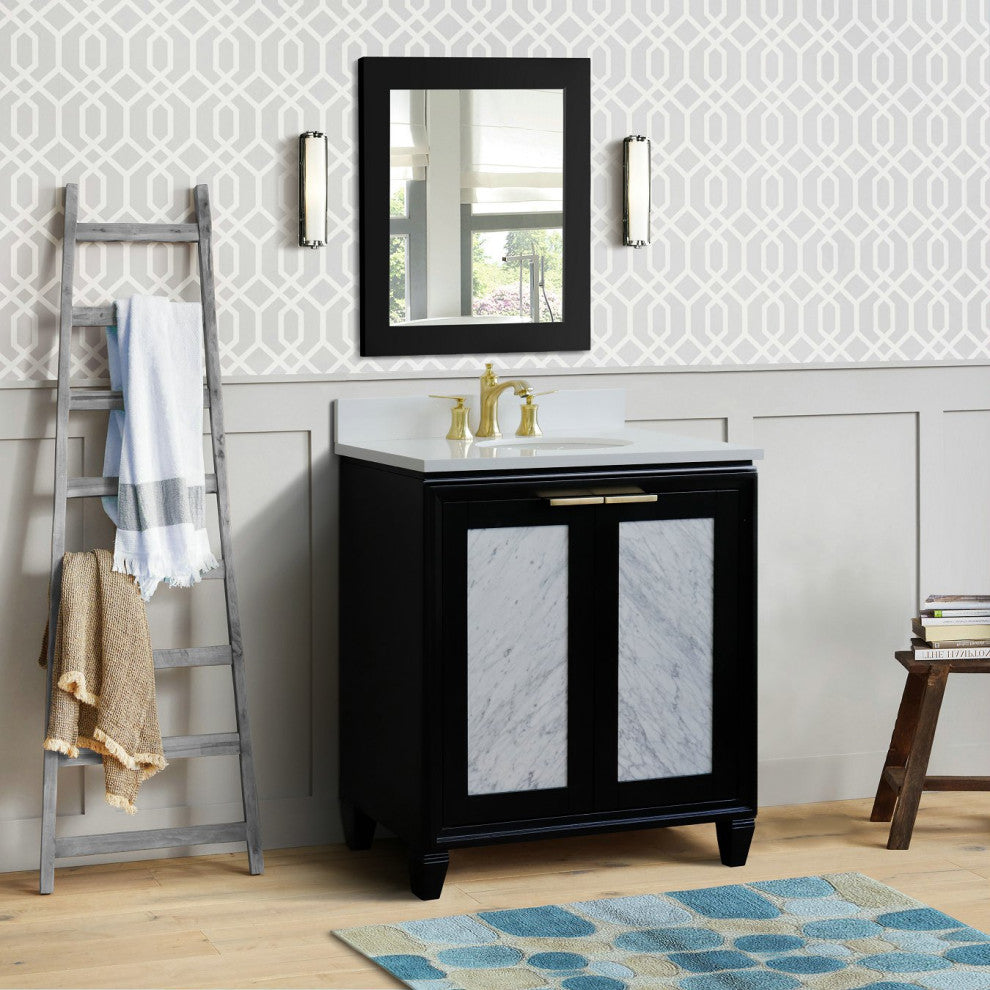 31" Single Sink Vanity, Black Finish With Engineered Stone Top With Oval Sink
