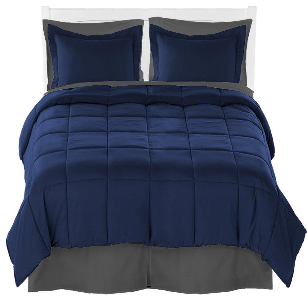Comforter, Sheet, and Bed Skirt, Dark Blue, Gray, Gray, Split Queen