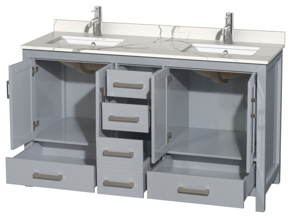 Sheffield 60" Gray Double Vanity, Calacatta Quartz Top, Square Sinks, No Mirror